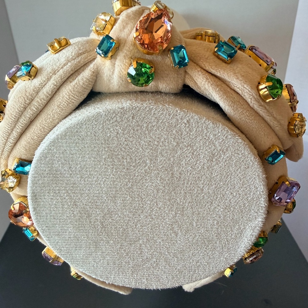 Lele Sadoughi Cream Velvet Knotted Headband with Multicolor Crystal Gems